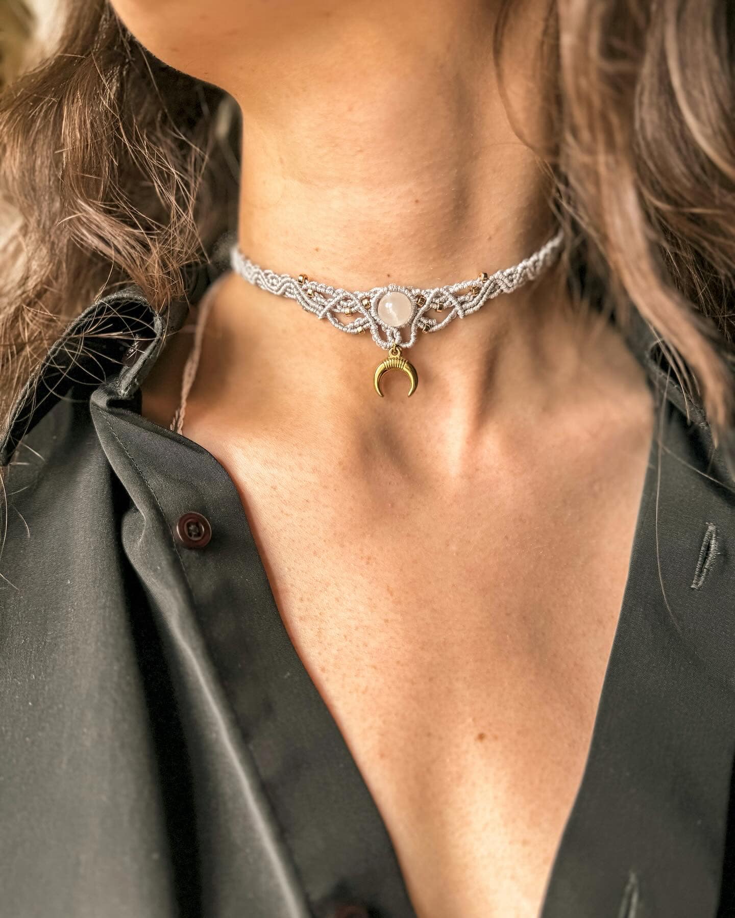 Macrame necklace with Selenite and Moon.